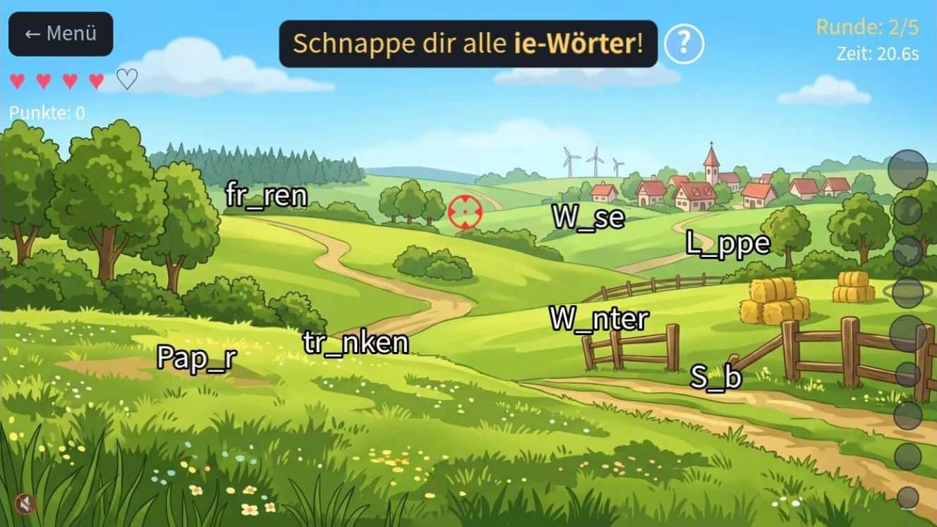 ABC Smash, Lektion „i oder ie?“: Über einer Wiesenlandschaft schweben die Wörter fr_ren, W_se, L_ppe, W_nter, Pap_r, tr_nken und S_b, darüber die Aufgabe „Schnappe dir alle ie-Wörter!“