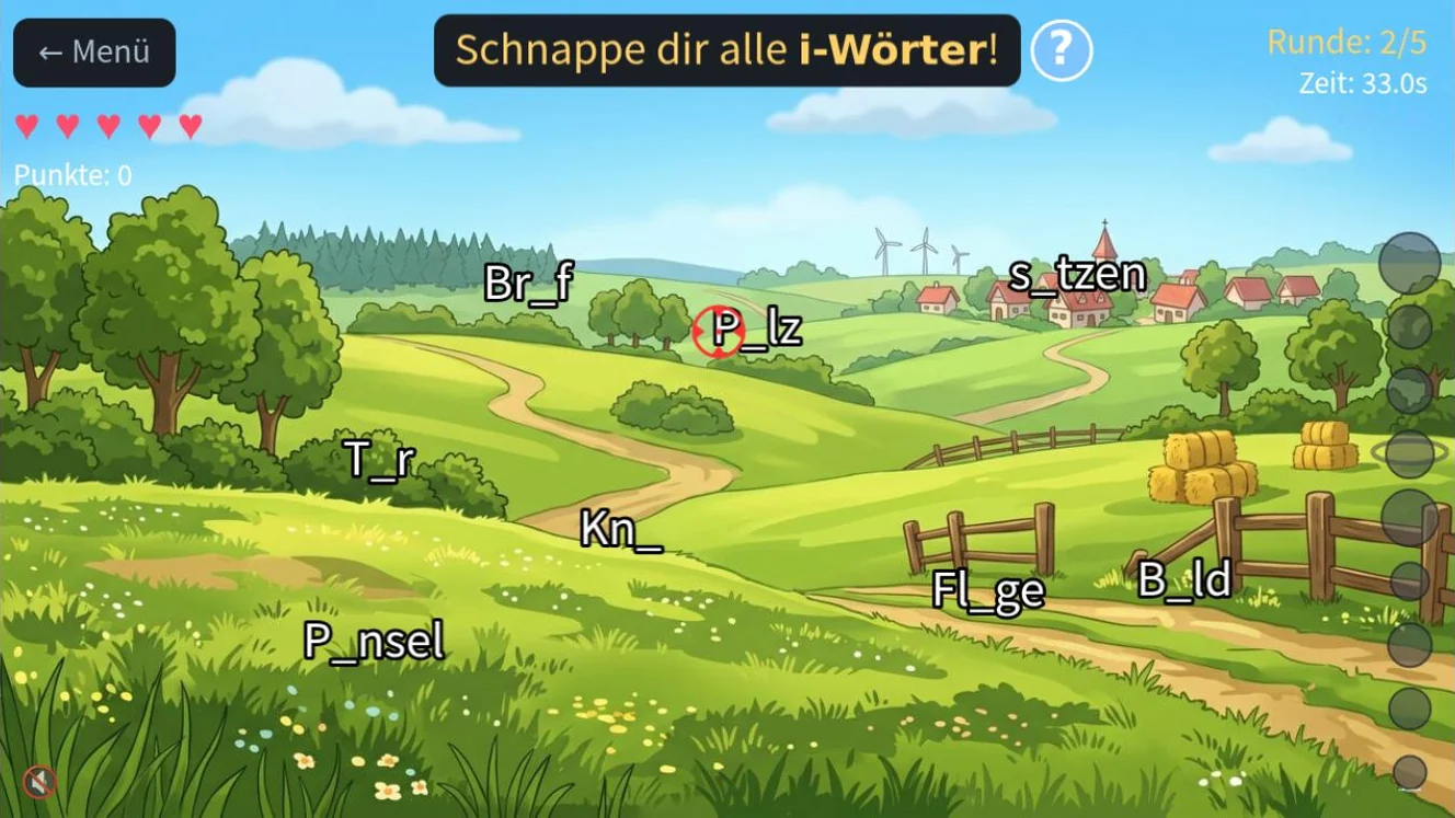ABC Smash, Lektion „i oder ie?“: dieselbe Landschaft mit den Wörtern Br_f, s_tzen, P_lz, T_r, Kn_, Fl_ge, B_ld und P_nsel und der Aufgabe „Schnappe dir alle i-Wörter!“