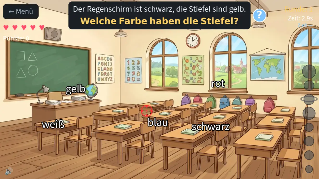 ABC Smash, Lektion „Lies und antworte“: der Satz „Der Regenschirm ist schwarz, die Stiefel sind gelb.“ mit der Frage „Welche Farbe haben die Stiefel?“ und den Farbwörtern gelb, rot, weiss, blau und schwarz in einem Klassenzimmer.