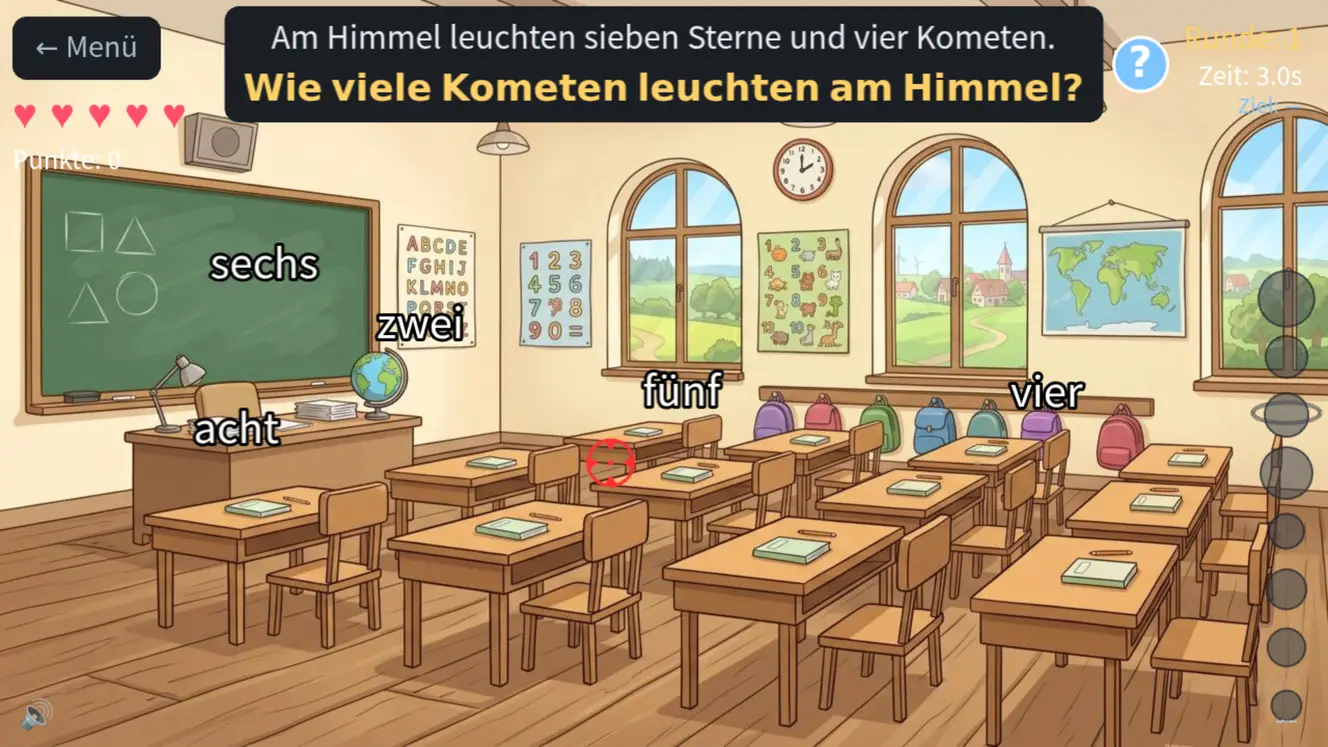 ABC Smash, Lektion „Lies und antworte“: der Satz „Am Himmel leuchten sieben Sterne und vier Kometen.“ mit der Frage „Wie viele Kometen leuchten am Himmel?“ und den Zahlwörtern sechs, zwei, fünf, vier und acht in einem Klassenzimmer.