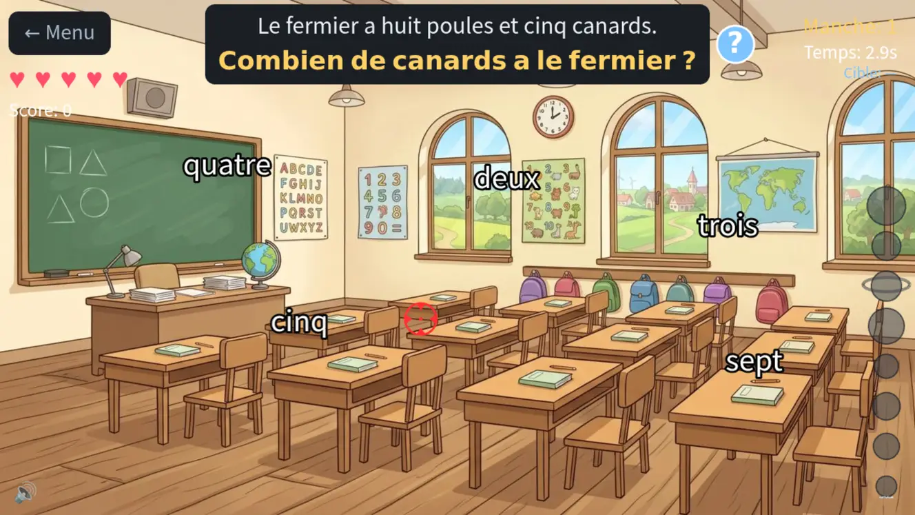 ABC Smash, leçon « Lis et réponds » : la phrase « Le fermier a huit poules et cinq canards. » avec la question « Combien de canards a le fermier ? » et les mots quatre, deux, trois, cinq et sept flottant dans une salle de classe.