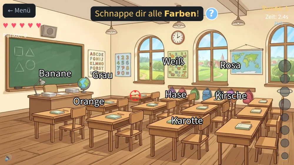 ABC Smash Lesespiel: Runde "Alle Farben abschießen" mit Wörtern wie grape, onion, lion, brown und red auf dem Bildschirm