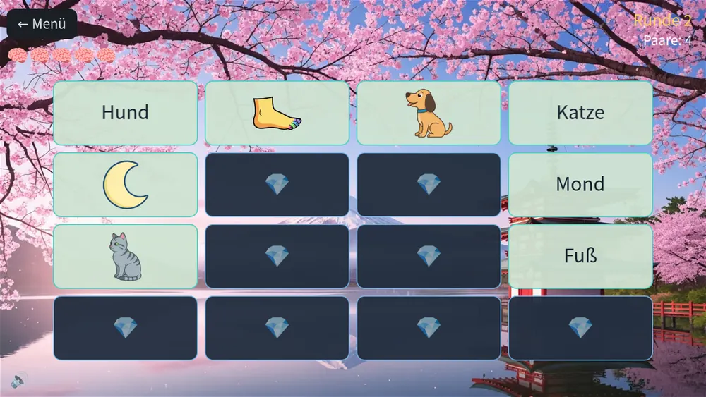 Minispiel Diamant-Paare in ABC Smash: zwei Karten aufdecken und Bild und Wort zusammenbringen