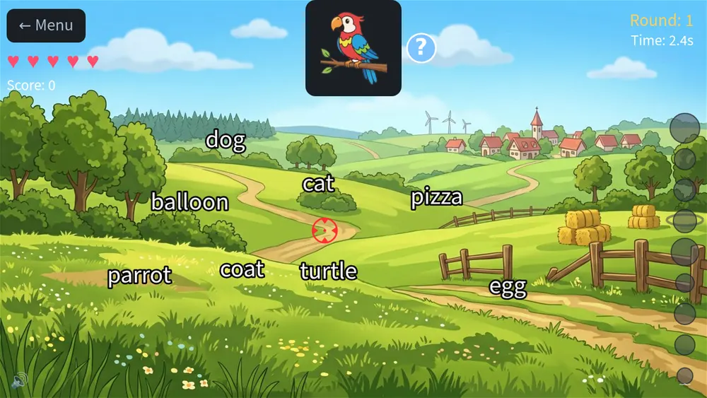 Picture-word round in the ABC Smash sight words game: see a picture and shoot the matching word