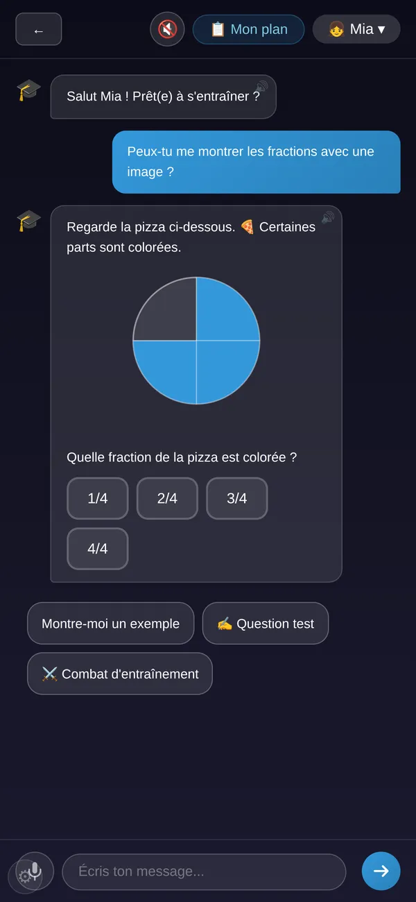 Tuteur de maths IA pour enfants expliquant une fraction avec une pizza dans le chat