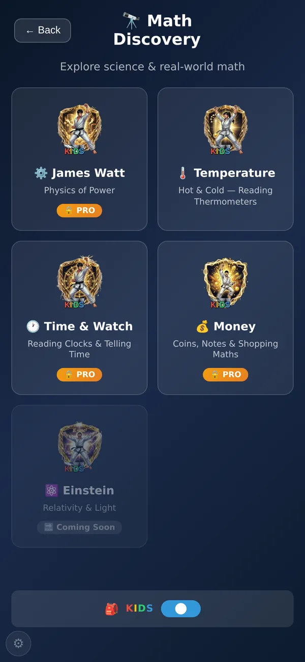 Math Discovery screen with temperature, time, money, Pythagoras and James Watt
