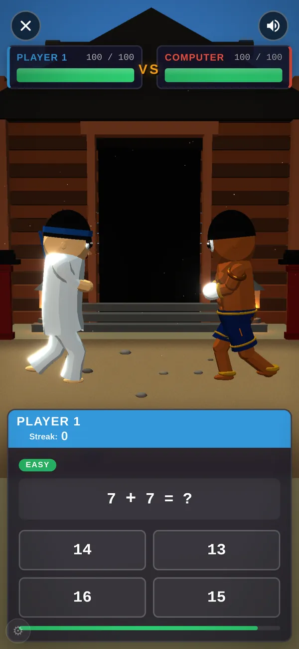 Math Fighter dojo fight against the computer with an easy question, 7 + 7 = ?