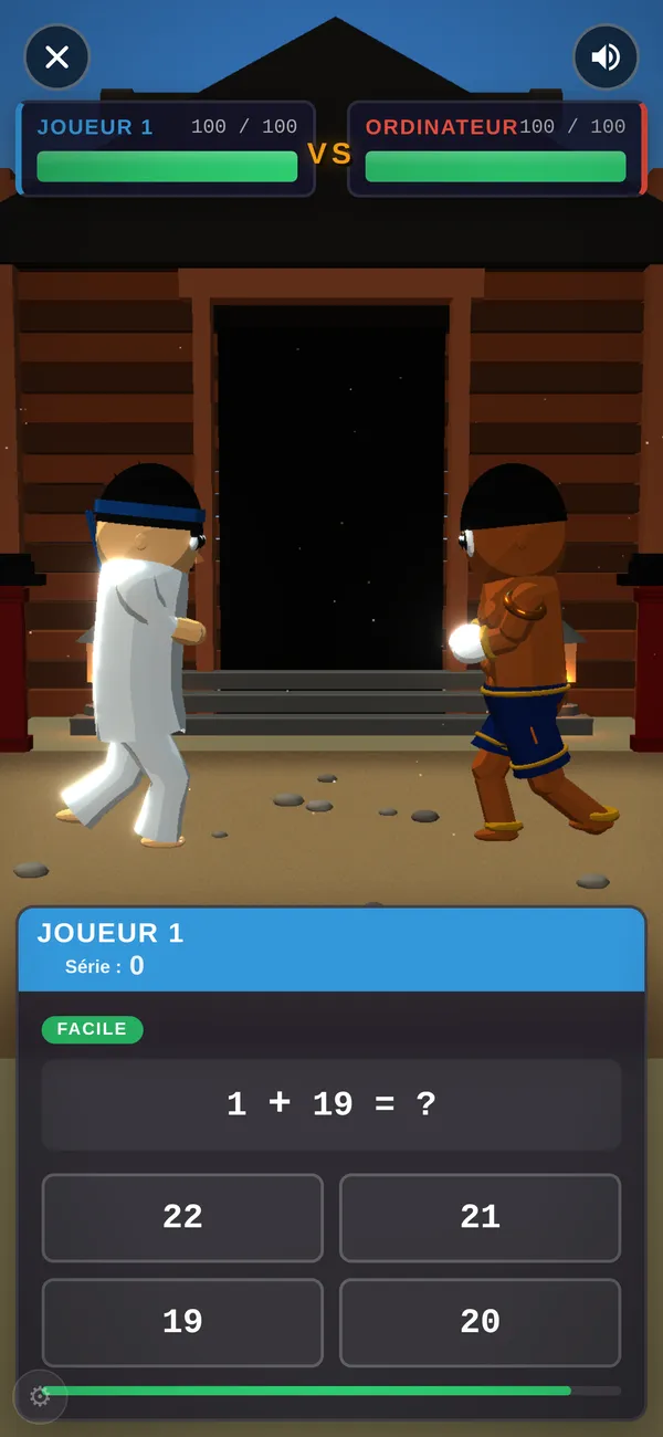 Combat de dojo contre l'ordinateur dans Math Fighter avec une question facile, 7 + 7 = ?