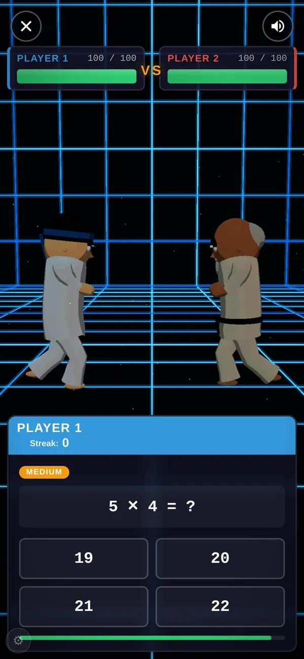 Math Fighter arena with the question 5 x 4 = ? and four answer buttons above two HP bars