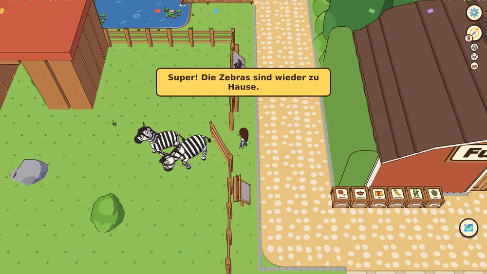 Two zebras back home with confetti and a success banner in the animal game for kids